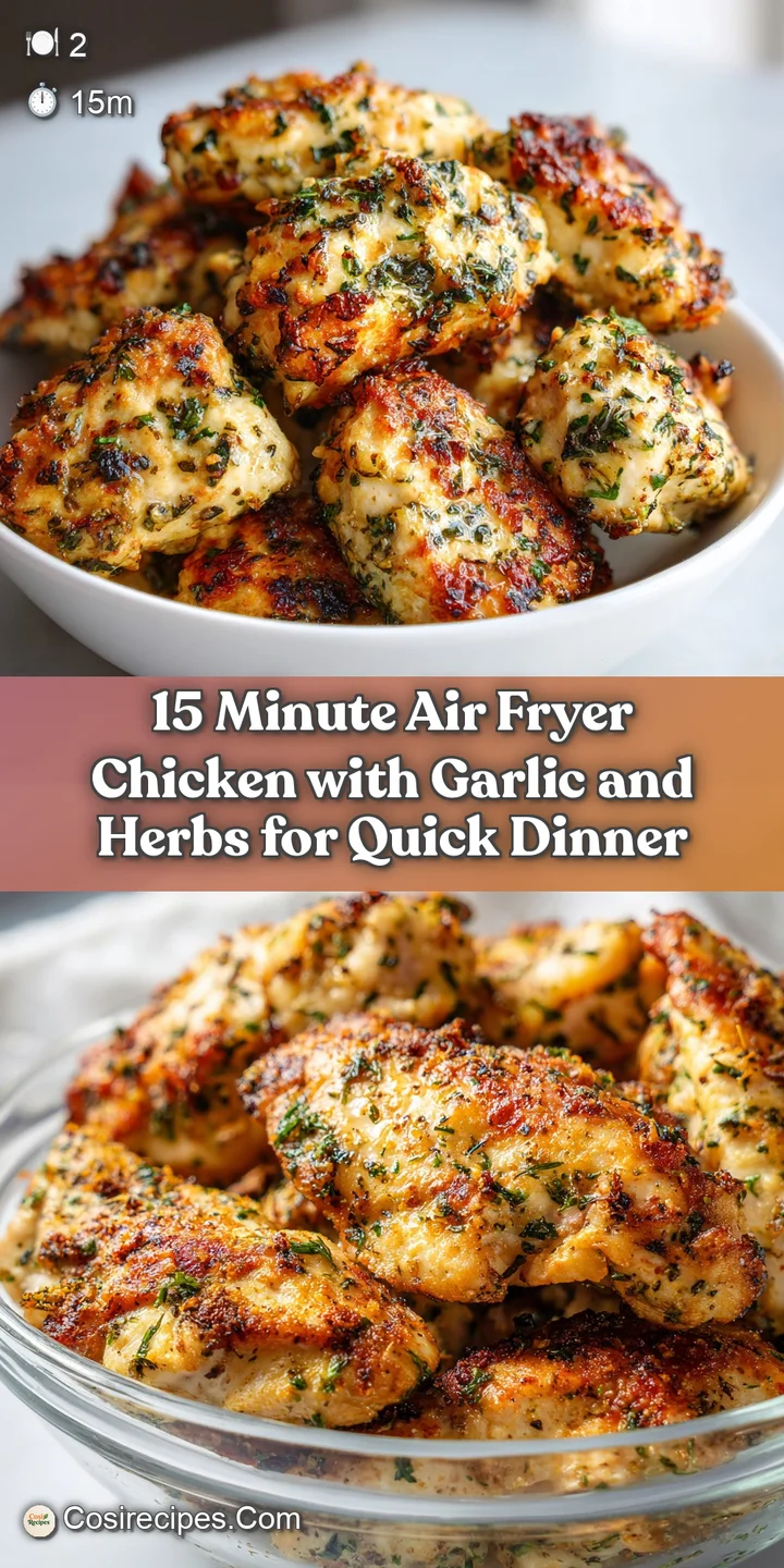 Close-up of tender, herb-crusted air fryer chicken, glistening with garlic and herbs, showing crispy edges and juicy inter...