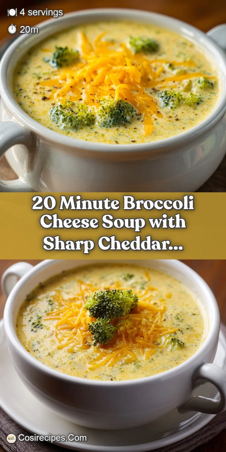 Close-up of rich, cheesy broccoli soup. Sharp cheddar creates a golden crust, with tender broccoli visible throughout the ...