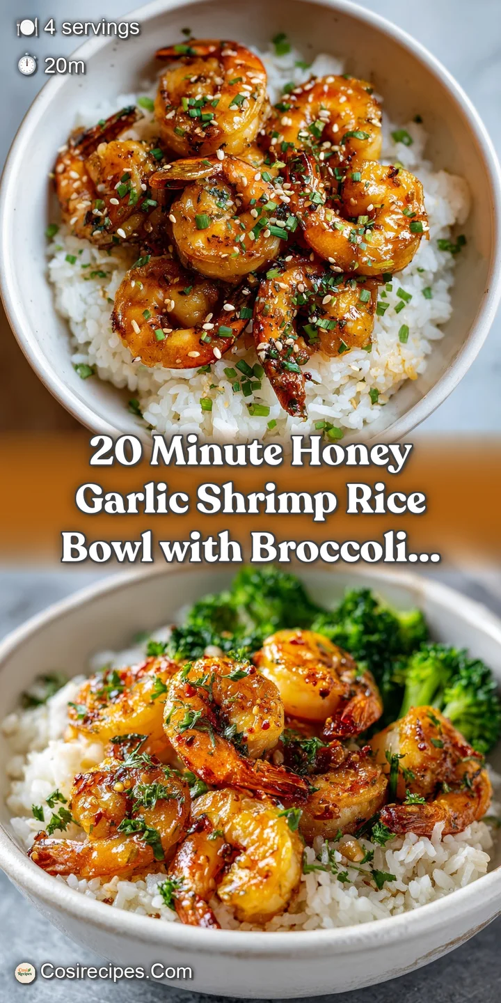 Close-up of honey garlic shrimp and rice. Glazed shrimp shimmer, showcasing a light char and vibrant green broccoli pieces.