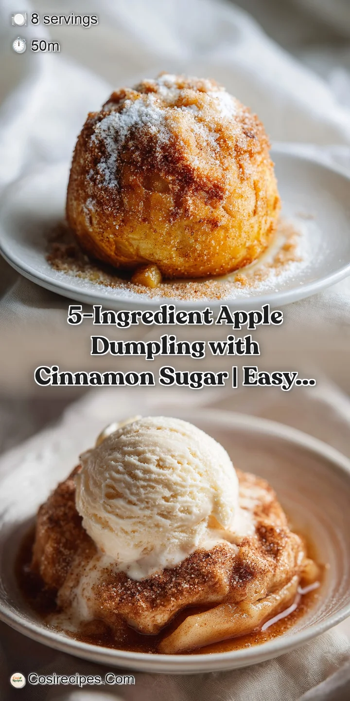 Golden-brown baked apple dumpling with glistening cinnamon sugar, nestled in a warm, flaky pastry.