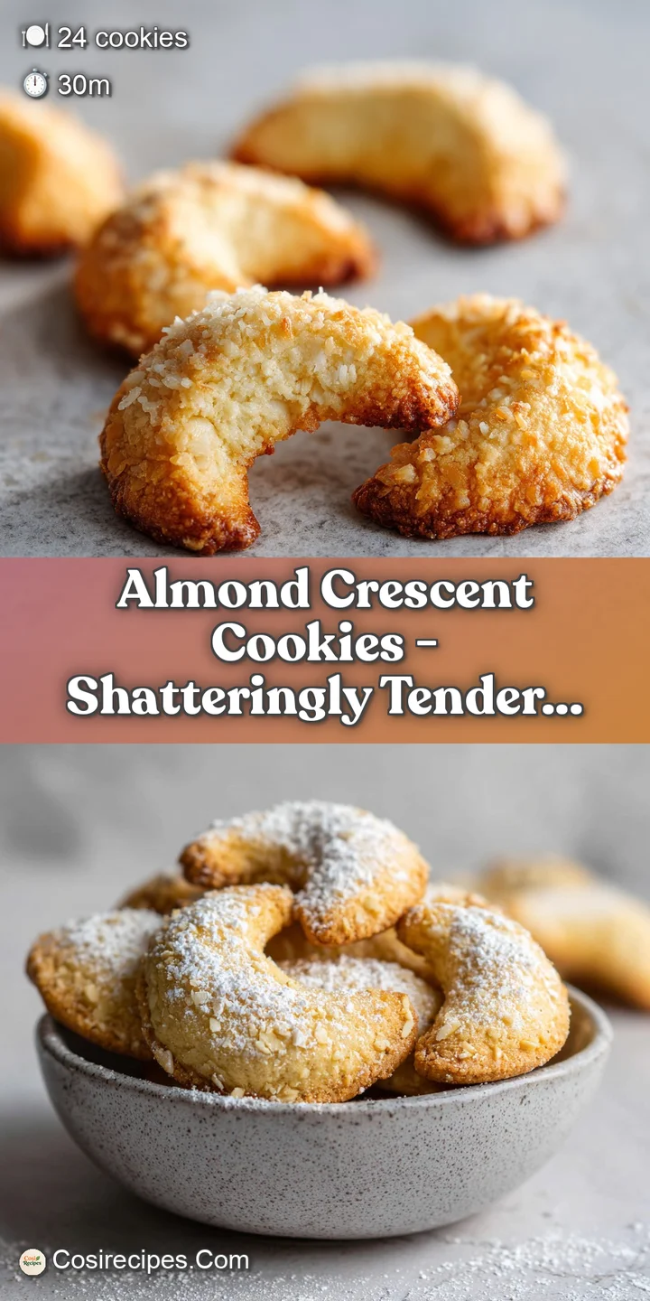Close-up shot of a sugary, buttery almond crescent cookie. Fine cracks hint at a melt-in-your-mouth texture.