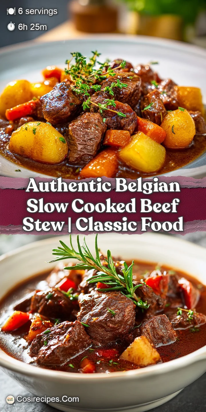 Close-up of savory Belgian beef stew featuring tender beef and glistening gravy. Warming, rich, and visually appealing.