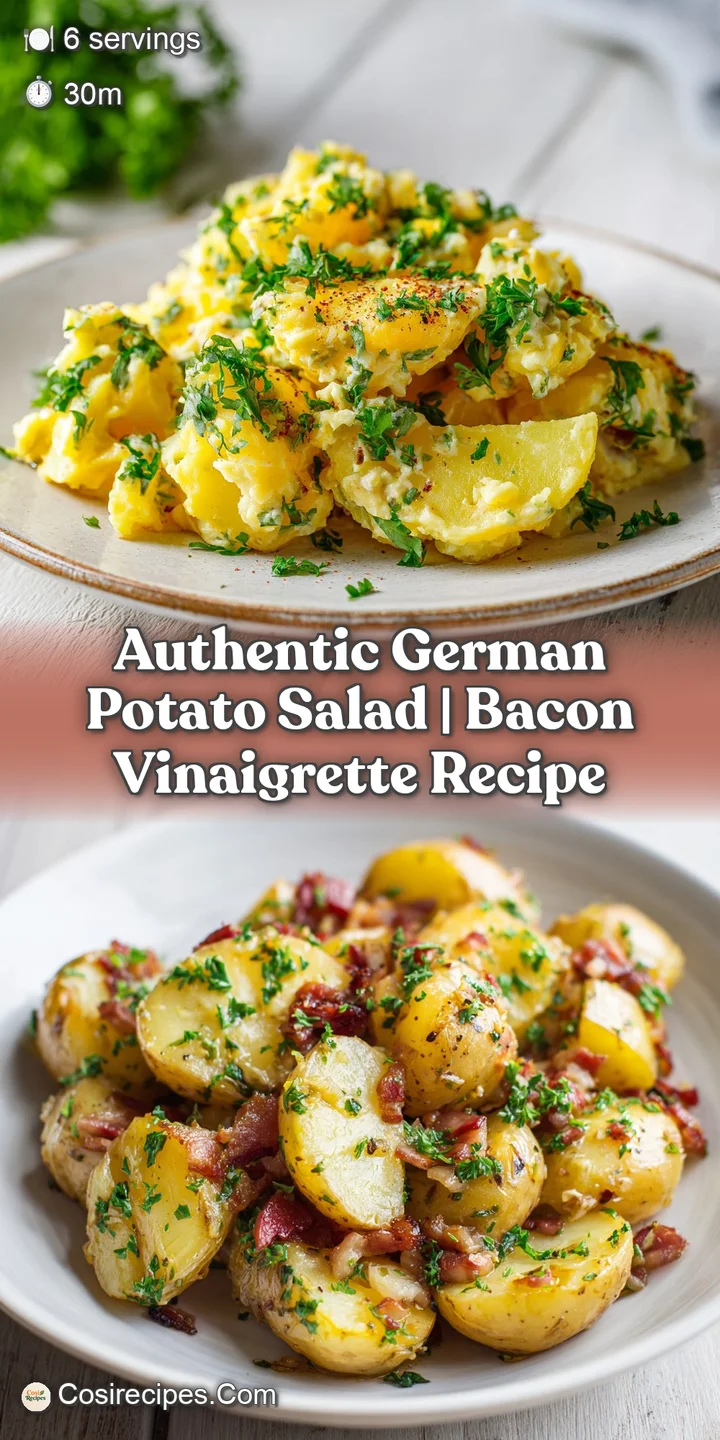 Close-up of glossy, tangy German potato salad showing creamy texture, bacon pieces, and fresh parsley flecks scattered thr...