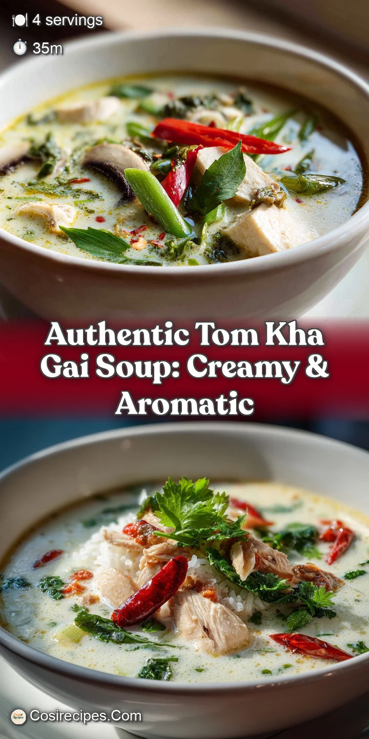 Close-up of Tom Kha Gai soup, highlighting the rich coconut milk broth, fragrant herbs, and pieces of tender chicken and g...