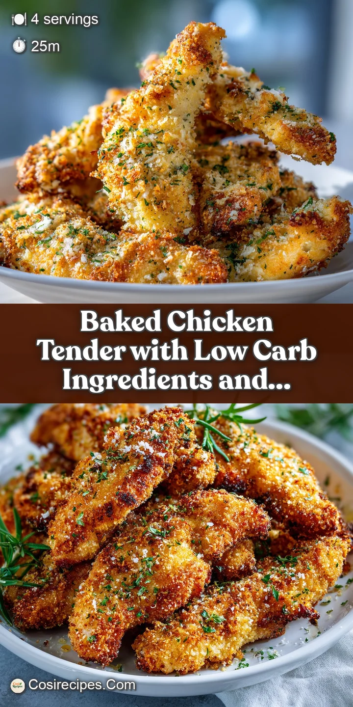 Close-up of a juicy, golden-brown baked chicken tender with visible Parmesan crust, showcasing its crispy texture.