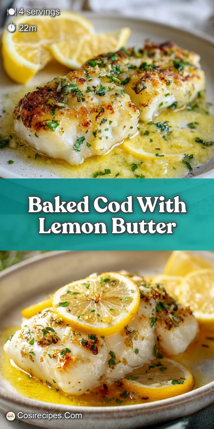 Close-up shot of tender, white cod baked with lemon butter, showing moist, flaky texture and inviting herbal aroma.