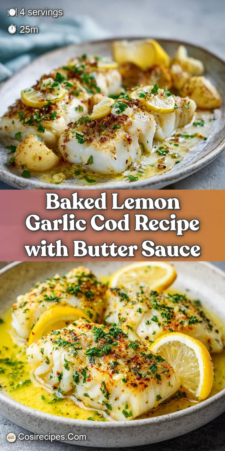 Appetizing close-up of baked cod, glistening with a vibrant lemon-garlic glaze, highlighting its tender, flaky texture and...