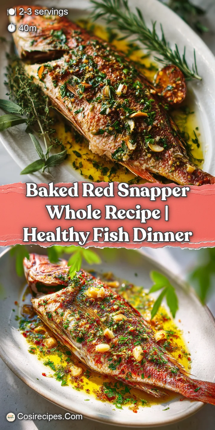 Close-up of a baked red snapper showing its moist, tender flesh with bits of caramelized garlic clinging to the skin. Simp...