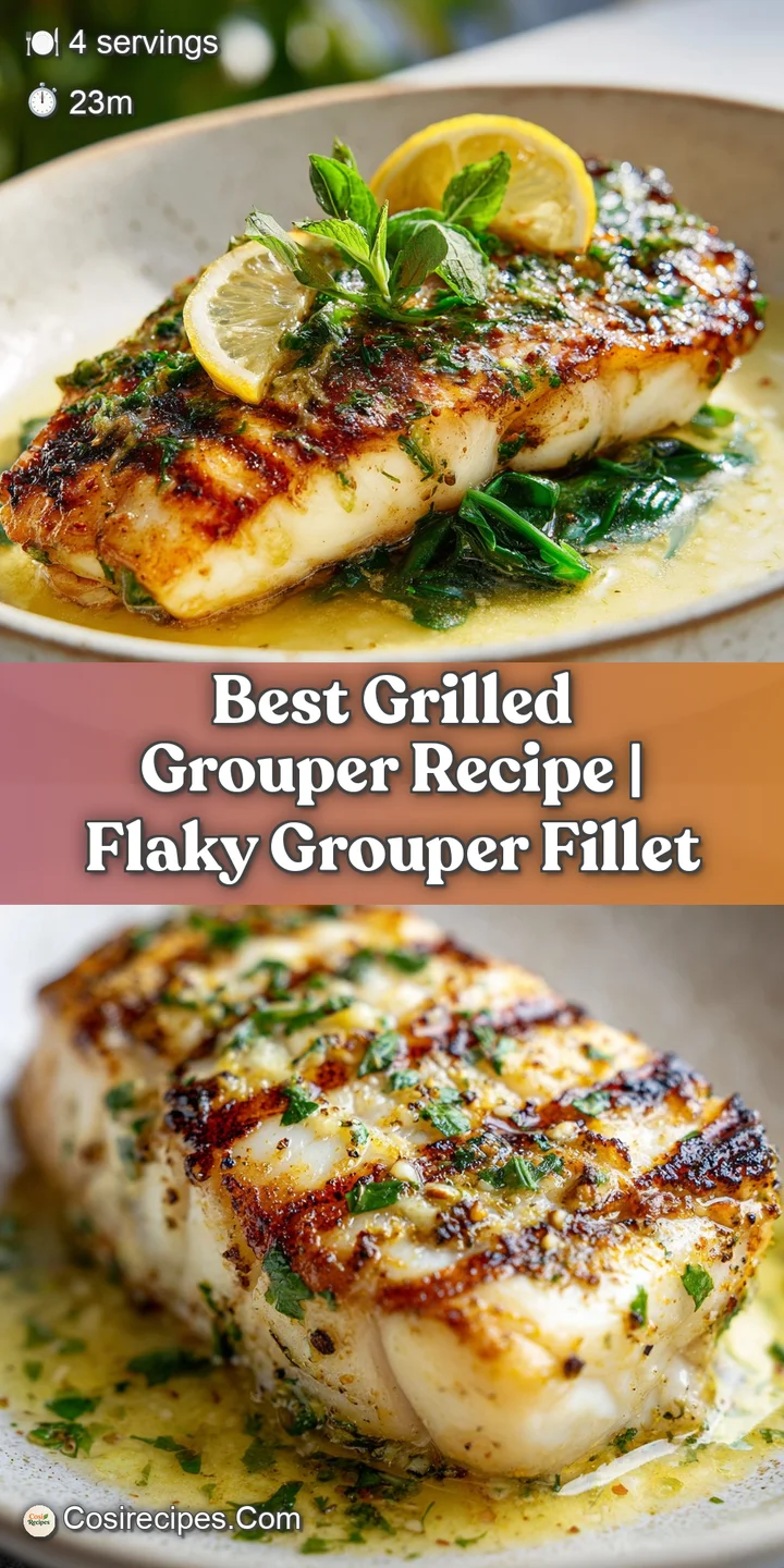 Close-up of perfectly grilled grouper, highlighting the moist, flaky texture and the appetizing, slightly charred edges of...