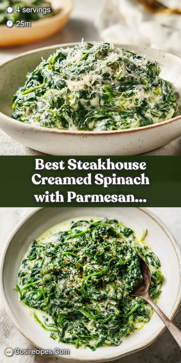 Close-up of tender spinach leaves coated in a thick, decadent Parmesan cream sauce, glistening under the light.