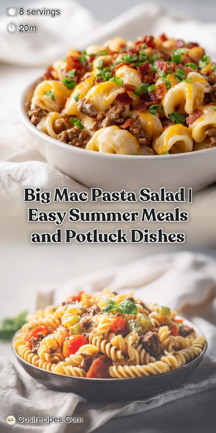 Close-up of creamy pasta salad with visible ground beef, melted cheese, and fresh, crisp lettuce shreds.