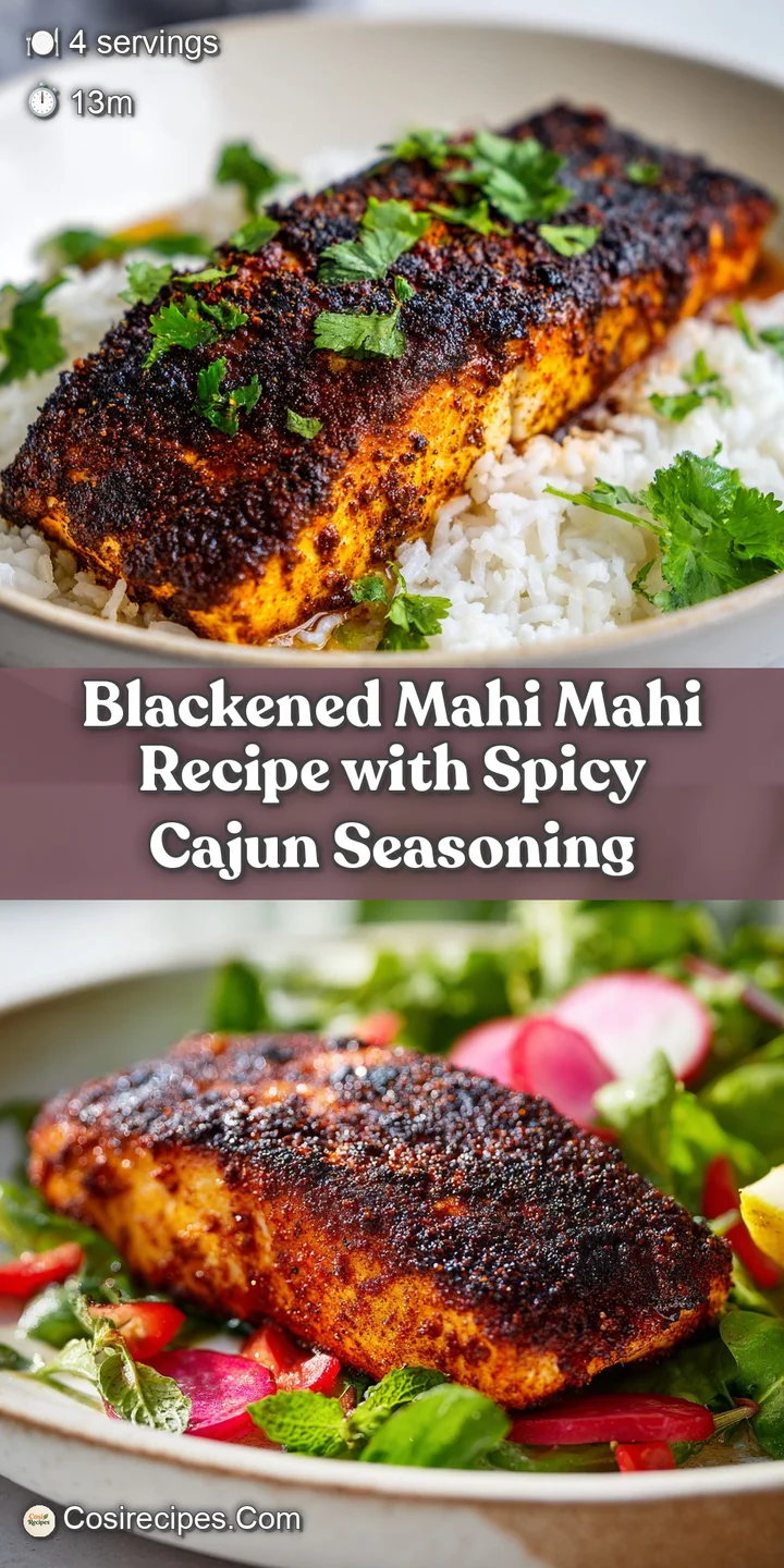Close-up showcases the spice-crusted texture of blackened mahi-mahi, glistening with oil, with a glimpse of side dish unde...