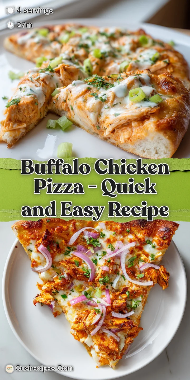 A close-up reveals tender chicken pieces coated in glossy, fiery red buffalo sauce atop melted mozzarella.