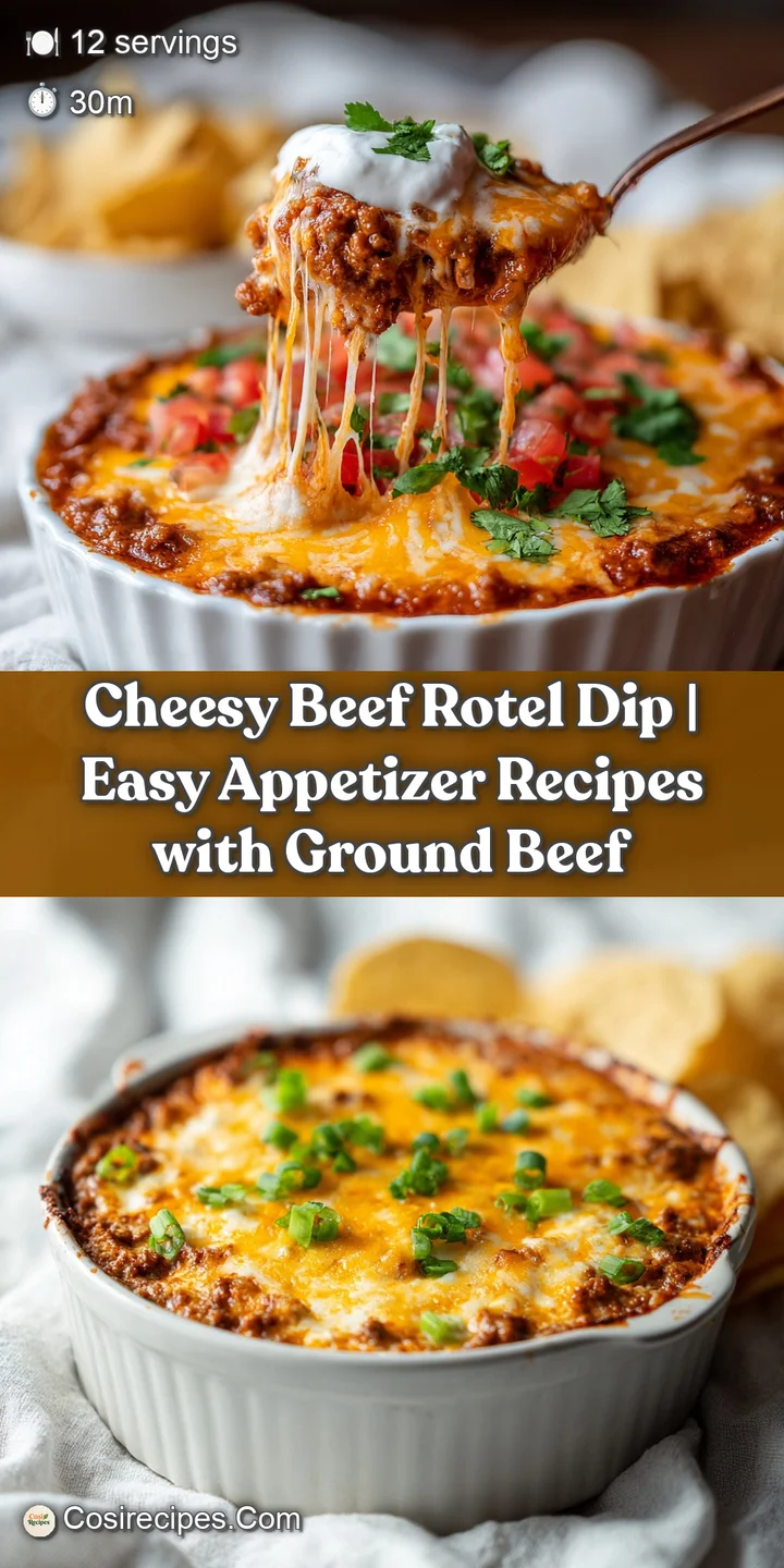 Close-up of melted cheese strands stretching from a spoonful of savory beef and tomato dip.