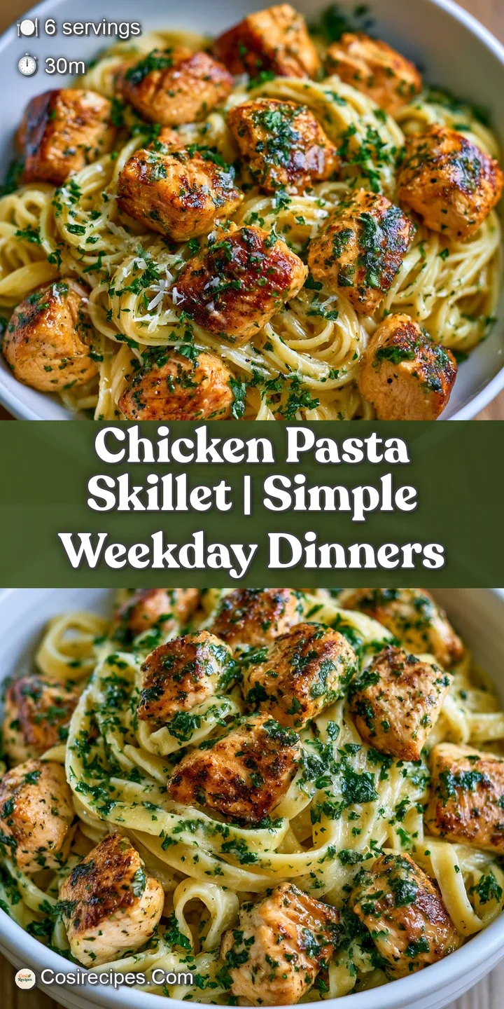 Close-up of glistening, creamy pasta coated in a rich sauce with tender chicken chunks and a dusting of green herbs.