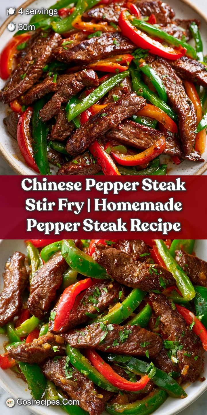 Close-up of glistening beef slices and charred red peppers coated in a thick, shimmering and savory brown sauce.