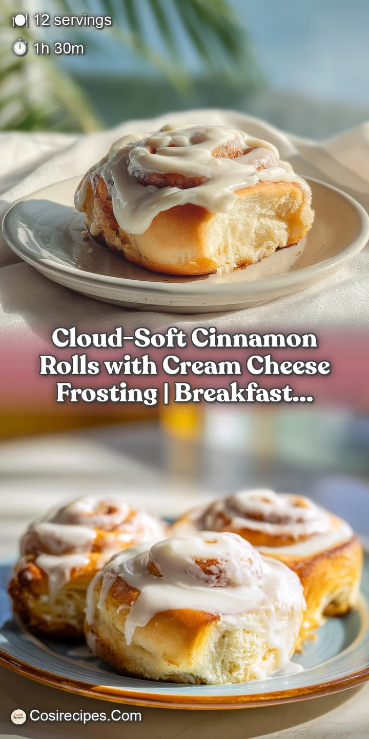 Close-up of a soft, airy cinnamon roll with swirls of white frosting and a dusting of cinnamon.