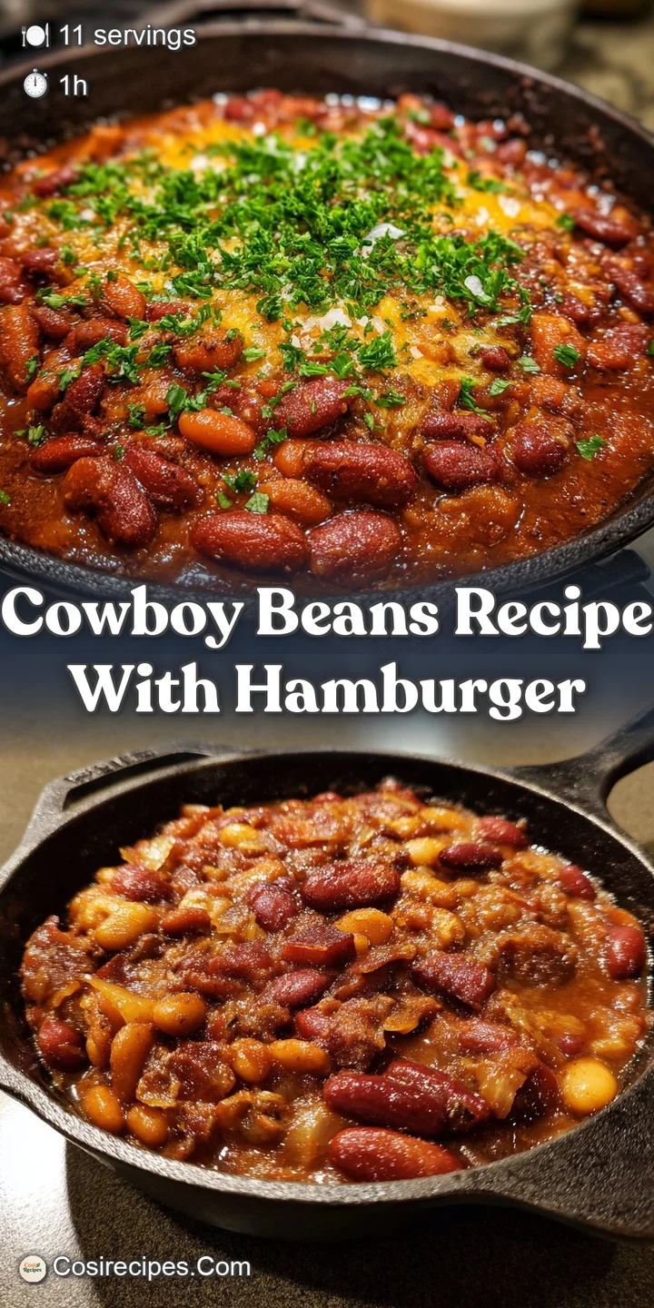 Close-up view of hearty cowboy beans, showcasing the deep, rich colors, tender meat and glistening surface. A spoonful is ...