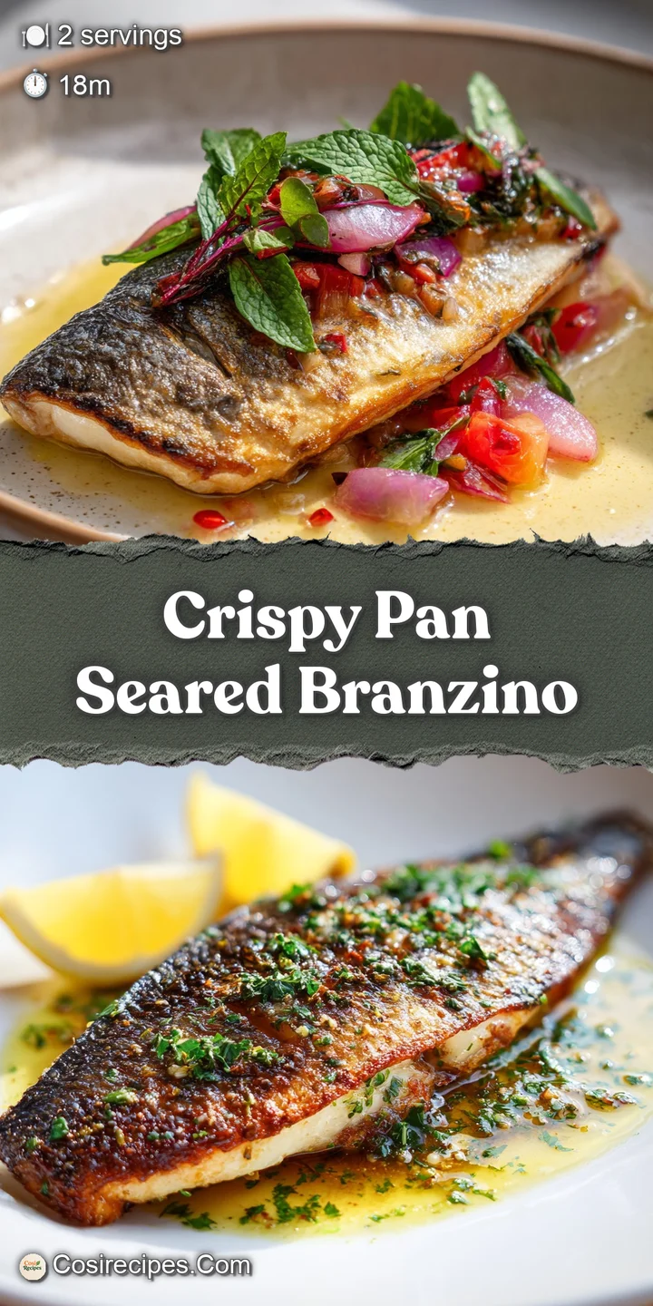 Close-up shot of perfectly seared branzino, showcasing its crispy skin and moist flesh, drizzled with a bright lemon butte...