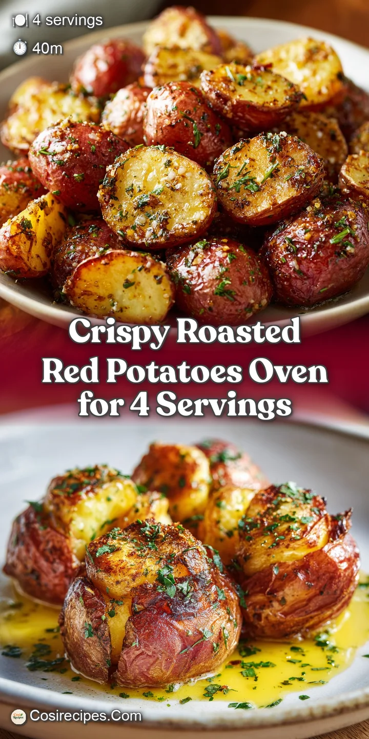 Close-up captures the rustic texture of oven-roasted red potatoes, revealing their slightly charred edges and inviting, wa...