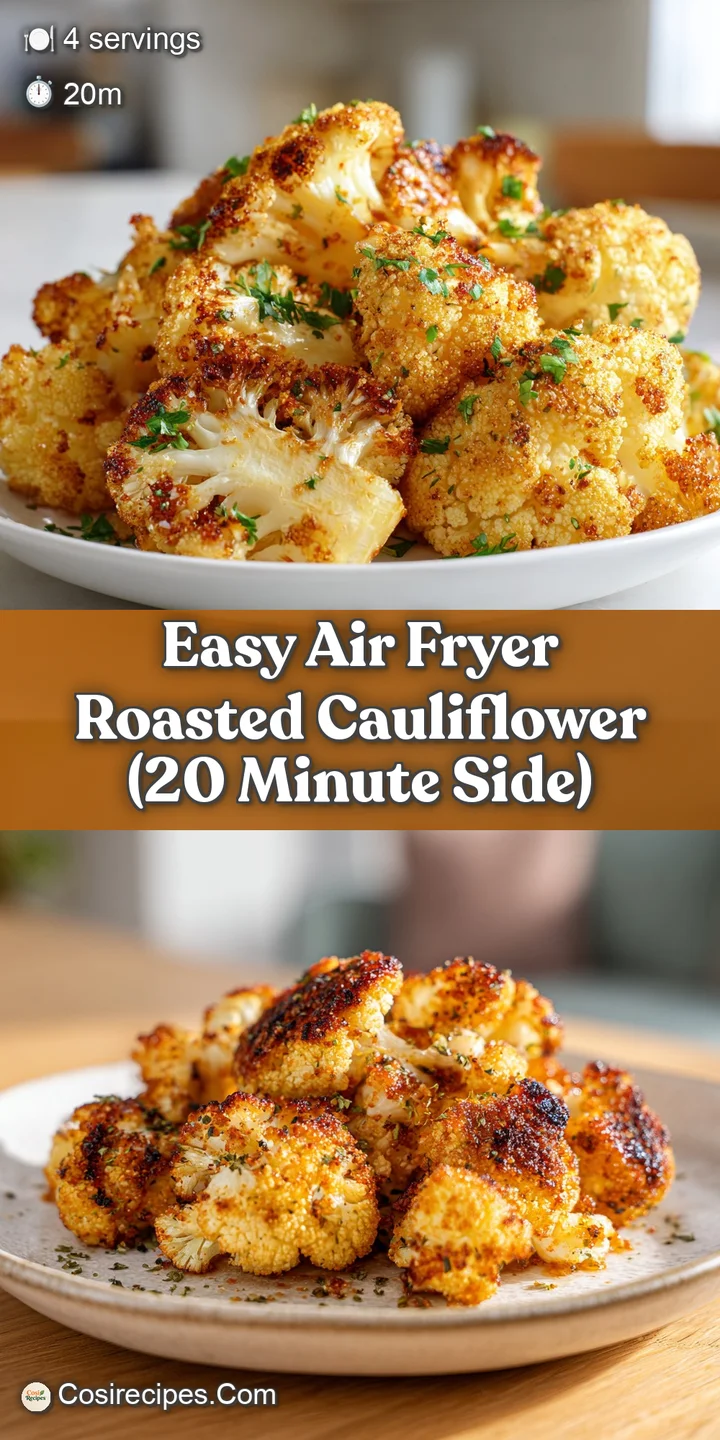 Close-up of tender-crisp air-fried cauliflower. The edges are caramelized and golden, showing delicious browning and a lig...