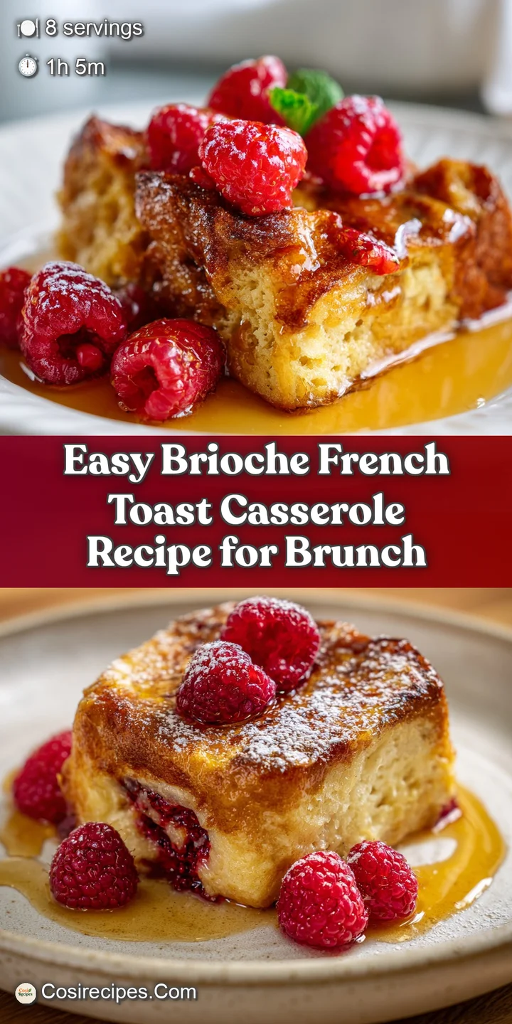 Close-up of soft, eggy brioche, soaked in custard and baked. Caramelized edges, powdered sugar, and plump, red raspberries...