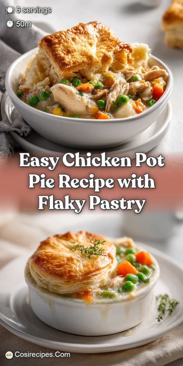 Close-up of bubbling, golden-brown pastry crust with a creamy chicken and vegetable filling peeking through.