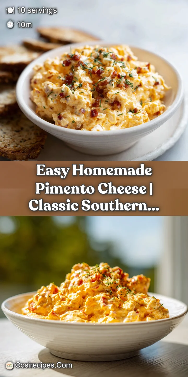 Close-up of smooth, cheesy pimento spread with visible bits of pepper and a rich, slightly oily sheen, appetizing and fresh.