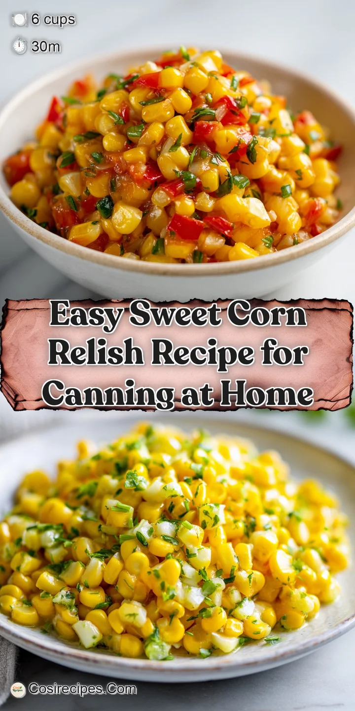 Close-up of chunky corn relish, highlighting the juicy kernels, diced peppers, and fresh herbs in a light, tangy sauce.