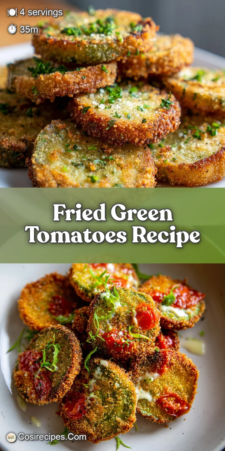Close-up of a glistening fried green tomato slice, showing crispy breading and juicy interior, hinting at tangy, savory fl...
