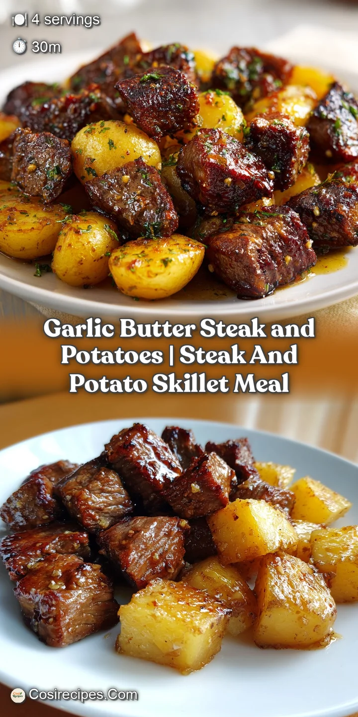 Macro shot of glistening beef and crisp potatoes coated in a rich, golden garlic butter sauce with flecks of herbs.