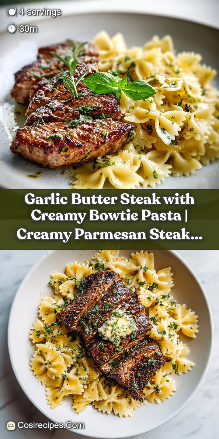 Close-up of tender steak with a rich, buttery sauce coating al dente bowtie pasta, glistening invitingly.