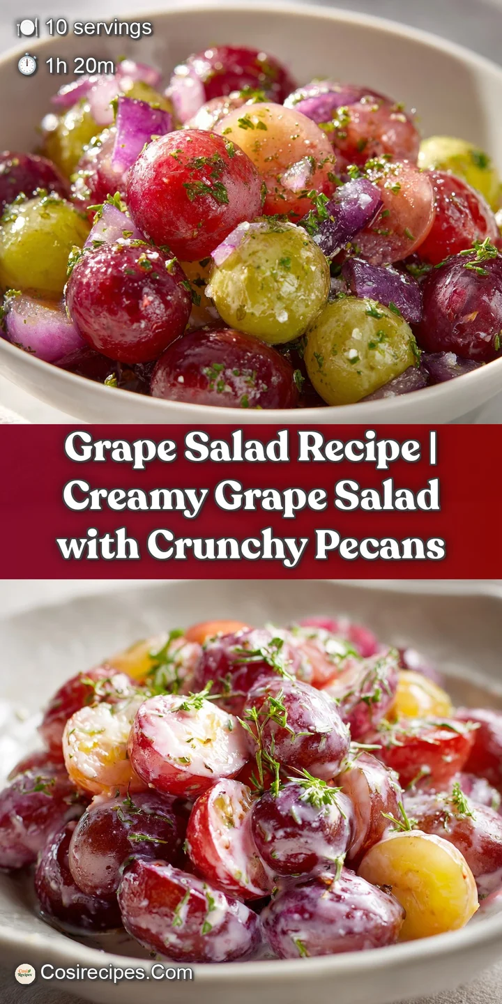 Close-up of a spoonful of cool, creamy grape salad showing plump, dew-kissed grapes and a scattering of golden-brown toast...