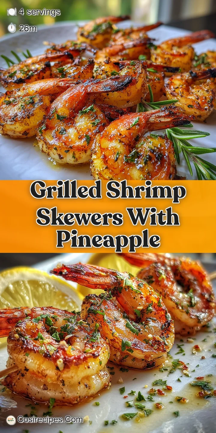Close-up of juicy grilled shrimp and golden pineapple, char marks visible, creating a tantalizing texture and mouthwaterin...