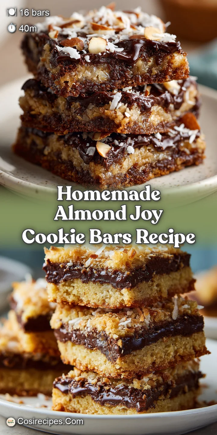 Close-up of a gooey Almond Joy cookie bar showcasing the chewy texture, rich chocolate, and toasted coconut flakes.