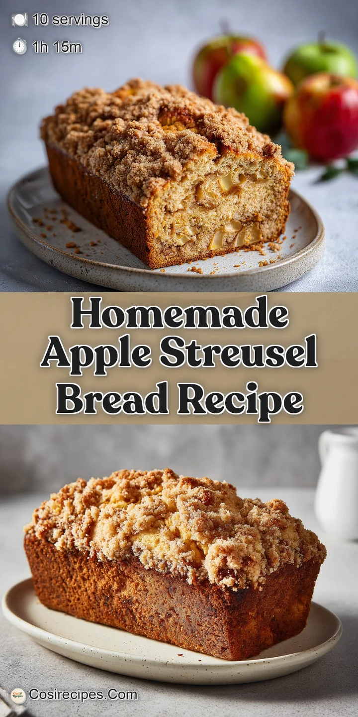 Close-up of apple streusel bread, highlighting the glistening, caramelized apples and buttery, crunchy streusel topping. D...