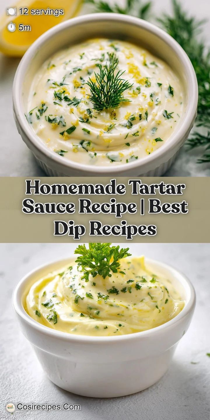 Close-up of chunky, creamy tartar sauce. Little bits of green herbs, relish and lemon zest add texture and vibrant color.