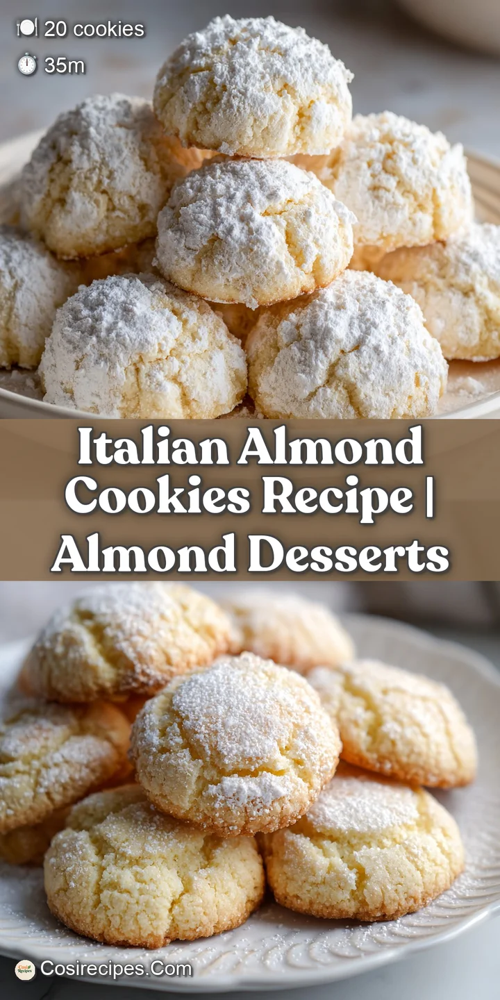 Close-up of a single, golden-brown Italian almond cookie with a beautifully cracked surface, sprinkled with confectioner's...