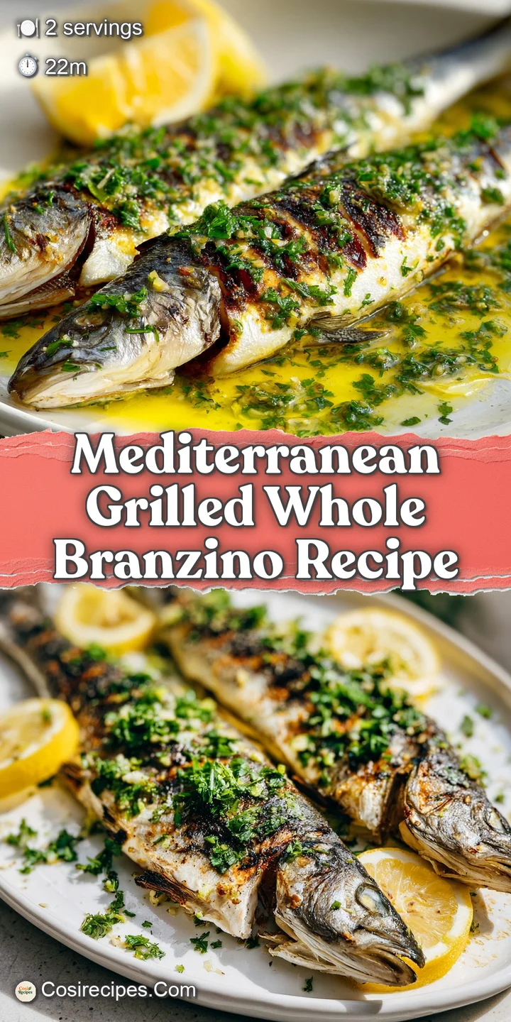 Close-up shows glistening grilled branzino, highlighting the texture of the crispy skin and juicy, tender flesh peaking th...