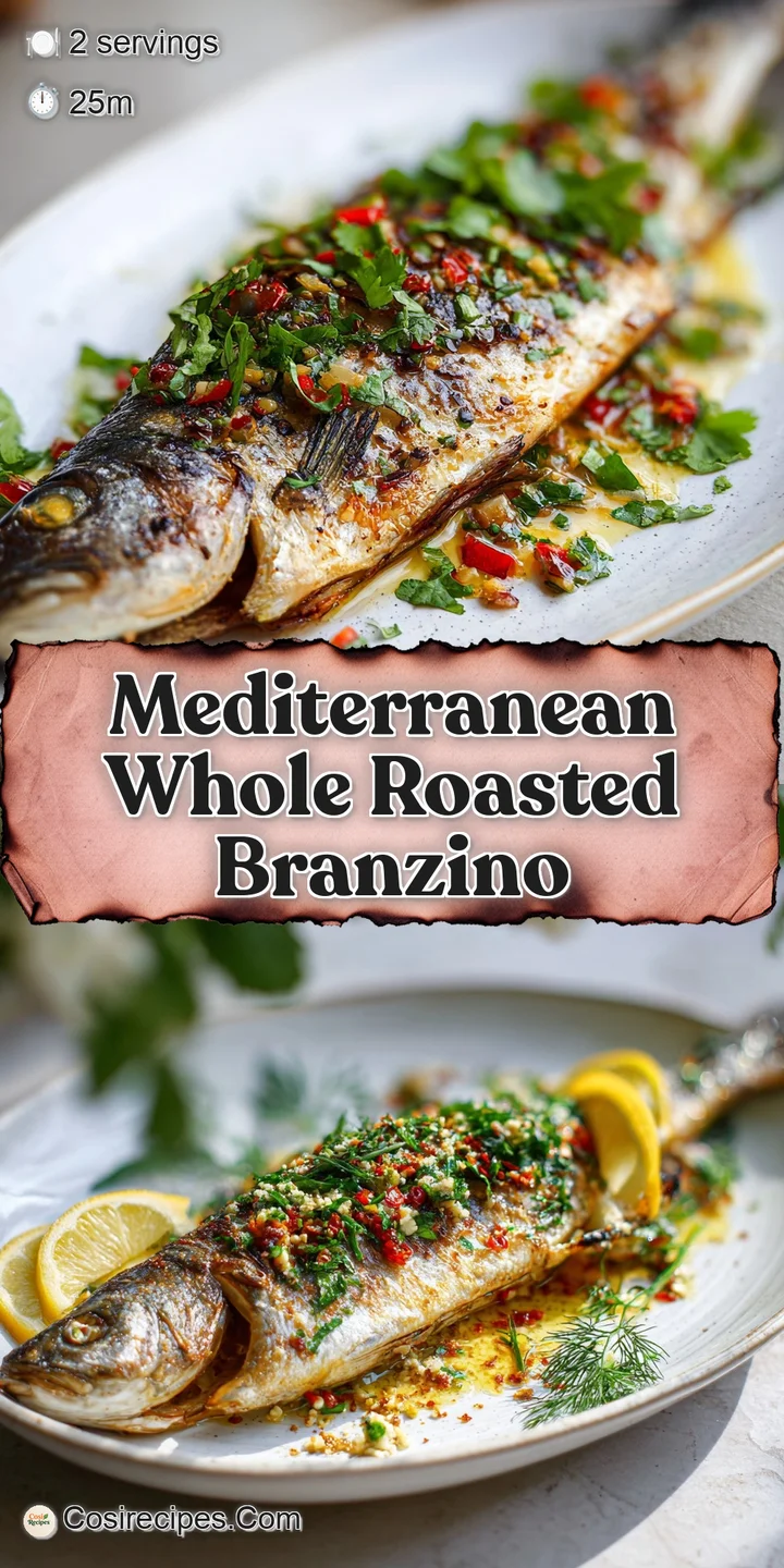Close-up of roasted branzino, showcasing the flaky, moist texture of the fish and the caramelized edges. Herbs add color a...