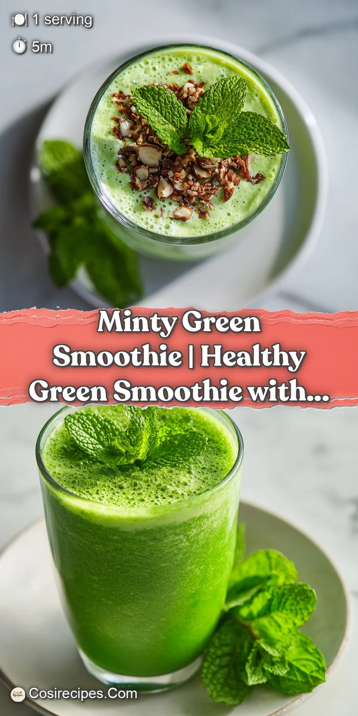 Vibrant green smoothie swirled with creamy texture and fresh mint sprigs, a cool, refreshing visual.