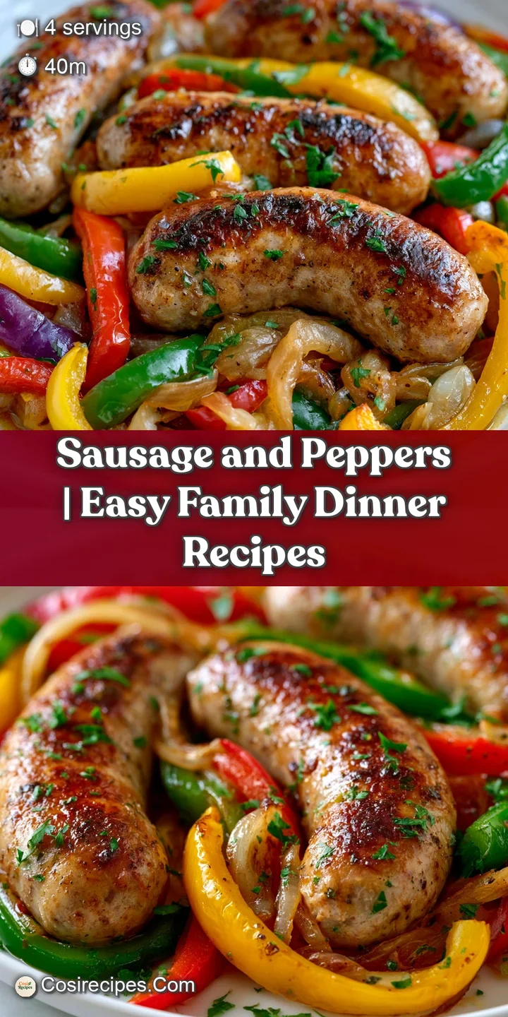 Close-up of juicy, caramelized sausage links with charred skin and soft, glistening strips of red bell pepper.