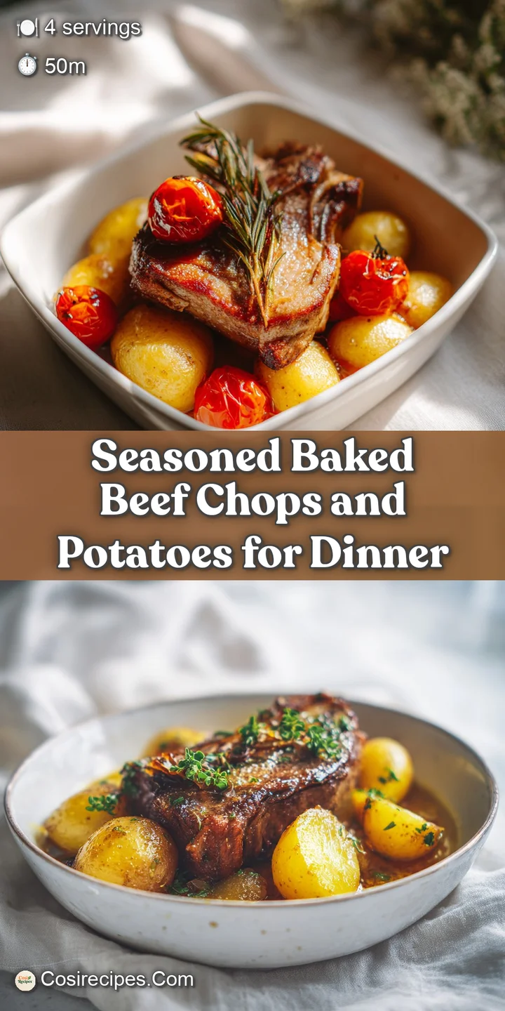 Close-up of a tender, juicy baked beef chop with golden-brown potatoes, showing rich, savory sauce; an appetizing, rustic ...