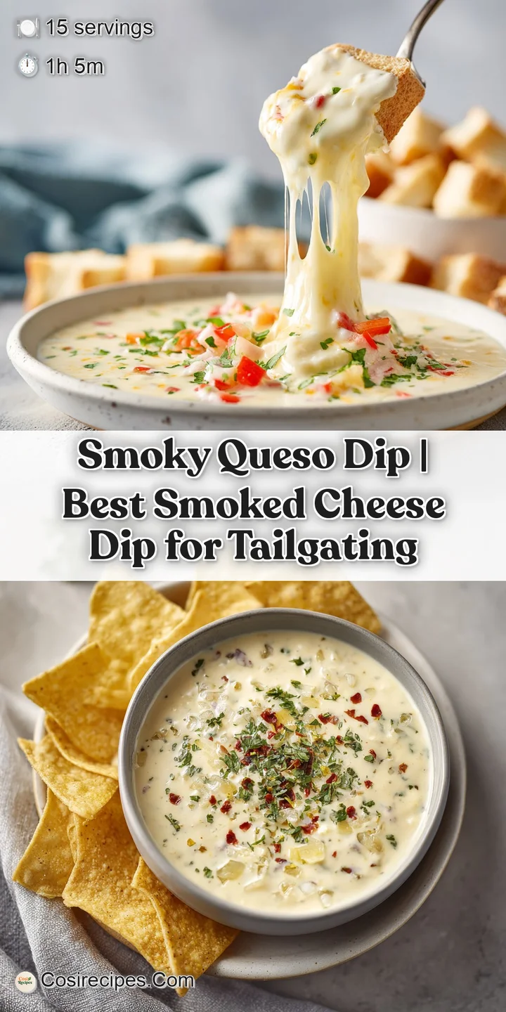 Close-up of a thick, cheesy queso dip with a smoky sheen, a tortilla chip dipping in.