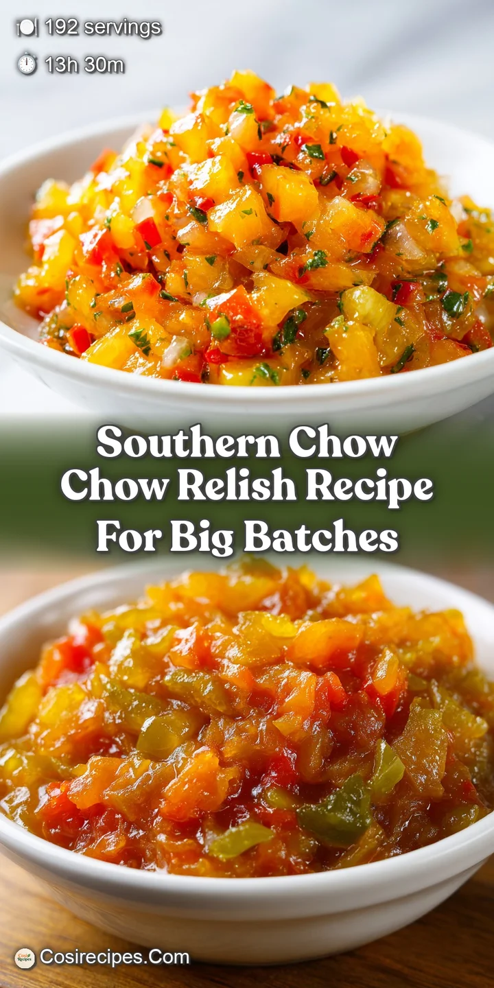 Up-close, glistening chow chow reveals its textures: crisp cabbage, peppers, and onions preserved in a golden, spiced vine...