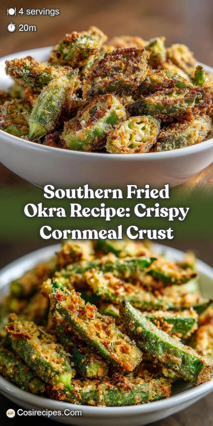 Close-up of crispy fried okra: golden, cornmeal-dusted pieces reveal tender green interiors. Hints of steam suggest a pipi...