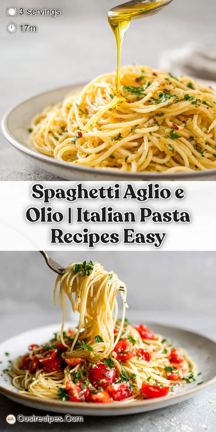 Close-up of tender spaghetti strands coated in shimmering olive oil, dotted with golden garlic slivers and vibrant green p...