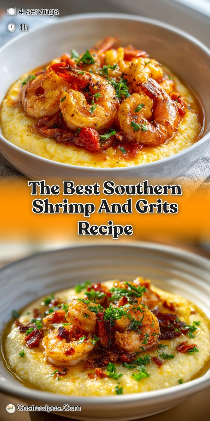 Close-up of plump, juicy shrimp nestled in creamy grits, hinting at a savory, satisfying meal, with a touch of spice.