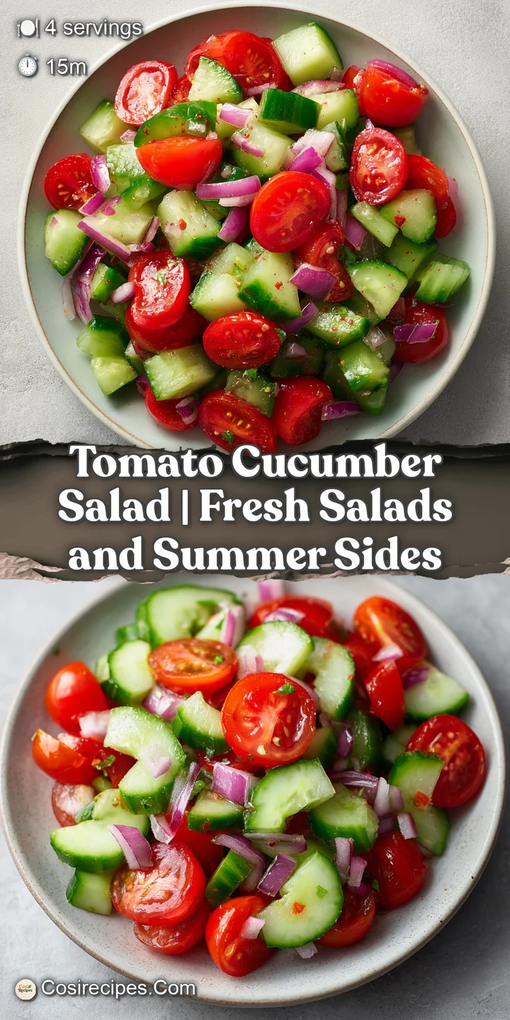 Close-up of juicy red tomatoes and crisp green cucumbers coated in a glossy dressing with crumbly white feta cheese.