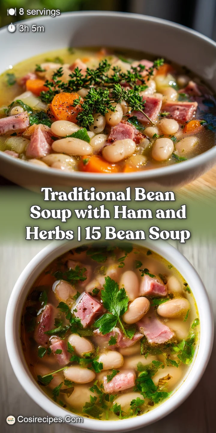 Close-up of chunky bean soup, highlighting tender beans, savory ham pieces, and glistening herbs in a rich, flavorful broth.